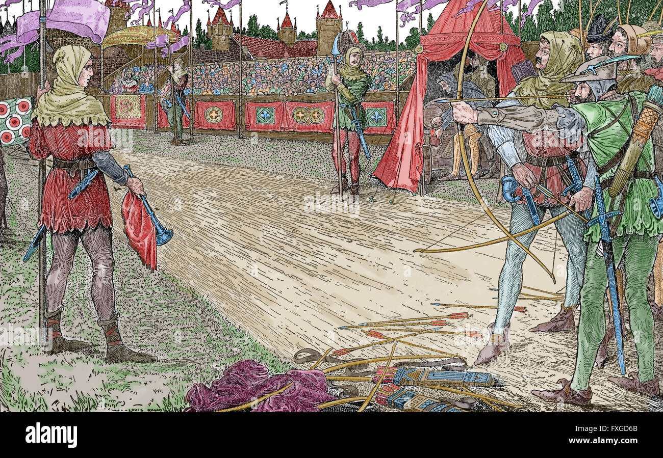 Robin Hood. Heroische Outlaw in der englischen Folklore. Archer und Schwertkämpfer. Robin Hood gewinnt Königin Eleonore Preis. Gravur. Farbe. Stockfoto