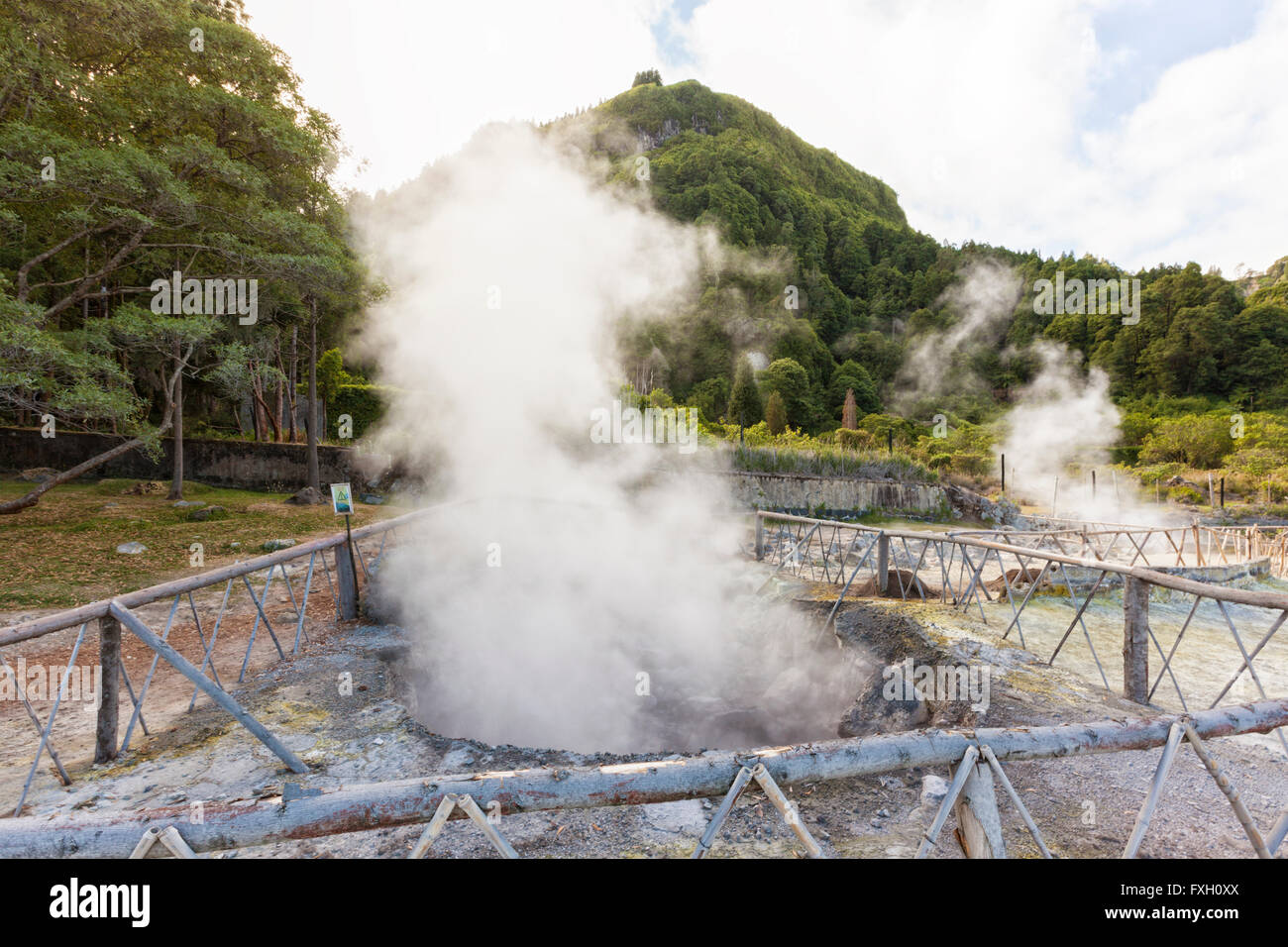 Dampfende Fumarolen am Lagoa Das Furnas, Sao Miguel, portugiesischen autonomen Region der Azoren Stockfoto