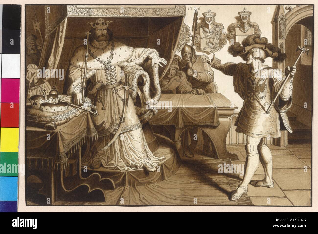 Kaiser Rudolf von Habsburg Fordert König Ottokar II. Durch Seinen Herold Zur Rückgabe der Reichslehen Österreich Und Steiermark auf Stockfoto