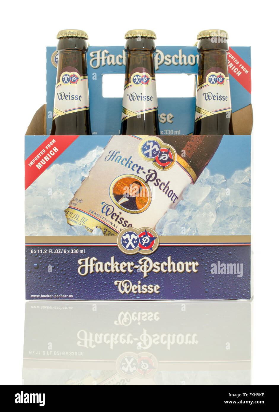 Winneconne, Wisconsin - 10. Januar 2016: ein six-Pack Bier Hacker Pschorr Weisse. Stockfoto