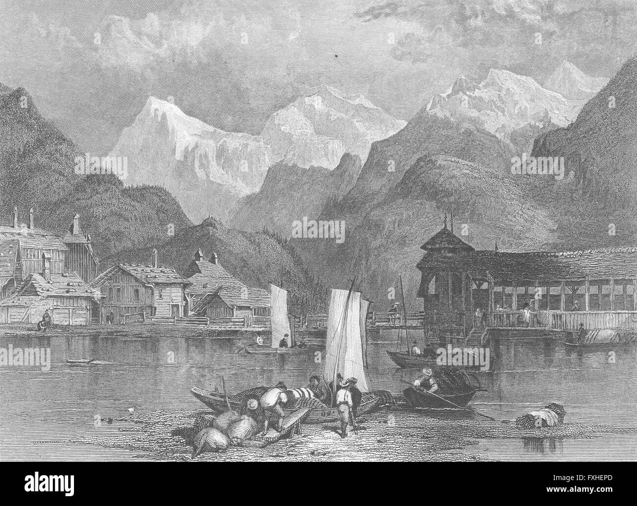 INTERLAKEN: Swiss: Fullarton Boote-Finden, antiken Druck 1850 Stockfoto