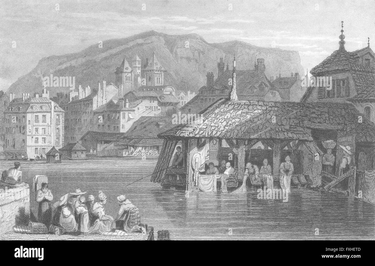 Schweiz: Genf: Schweizer: Prout waschen Kleidung, antique print 1830 Stockfoto