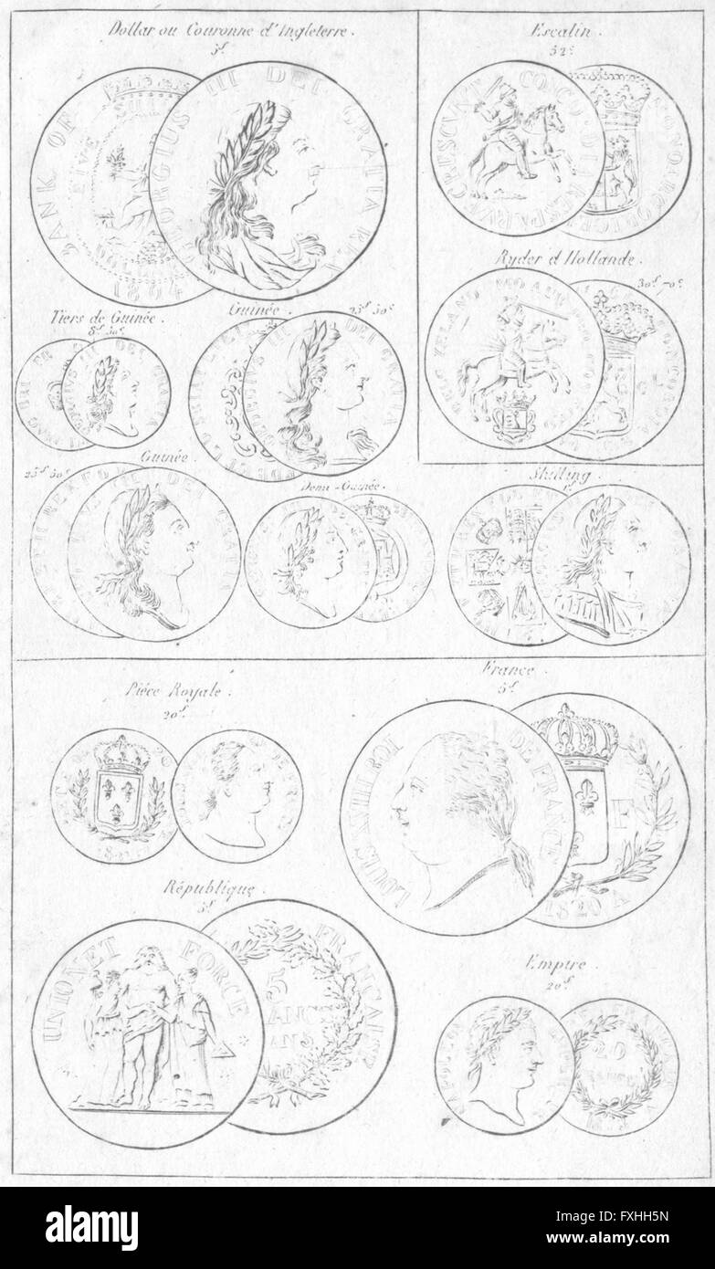 Münzen: Frankreich; Dollar-englische Krone Escalin Ryder, antiken print 1823 Stockfoto