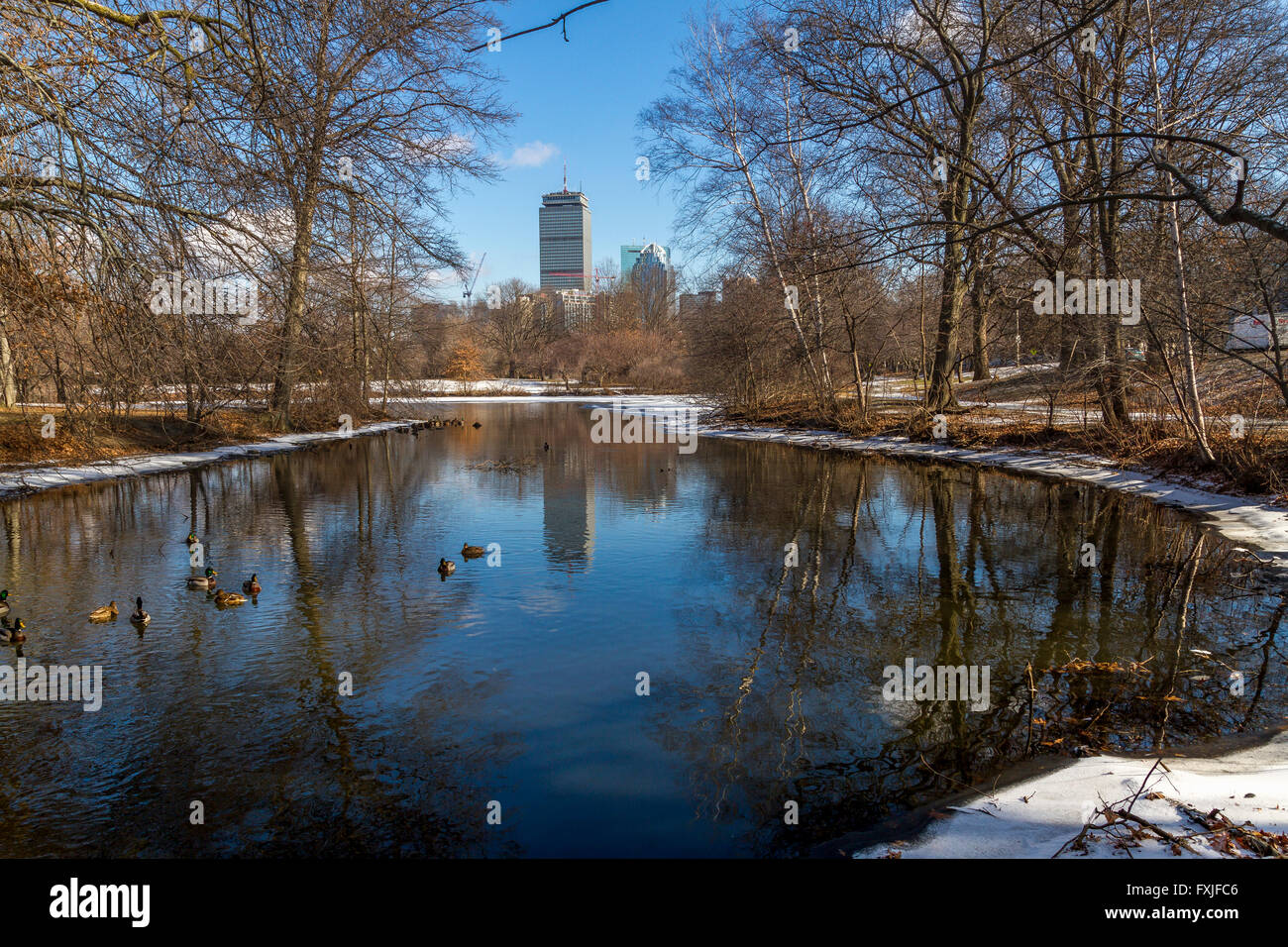 Der Prudential Tower von über einen See in der Back Bay Fens Teil der Emerald Halskette im Winter, Boston, Mass Stockfoto