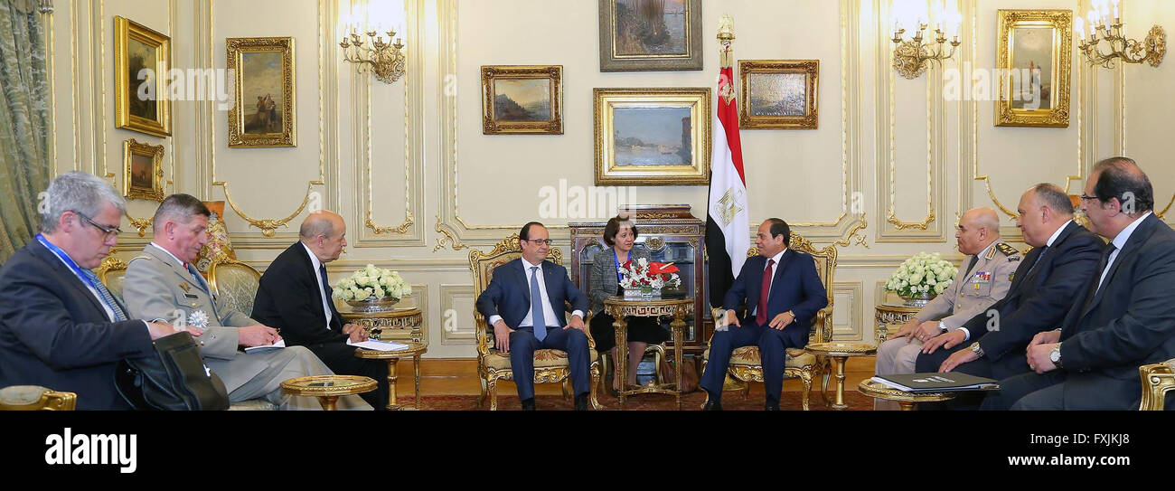 Der französische Präsident Francois Hollande kommt in Ägypten für einen 2-tägigen Staatsbesuch, für bilaterale Gespräche und Handelsabkommen. Stockfoto