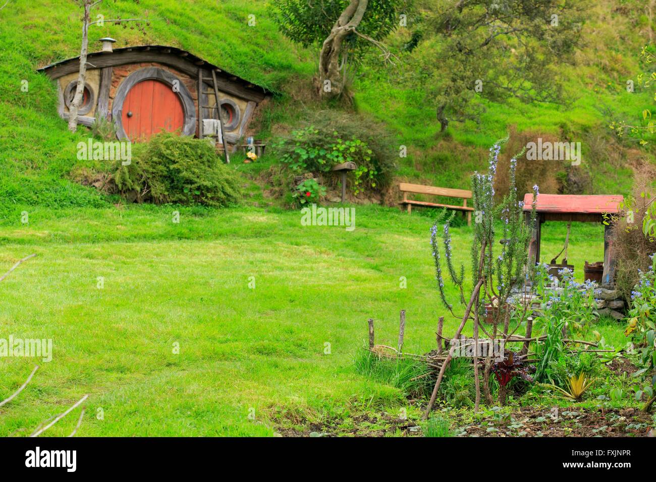 Hobbingen, in der Nähe von Matamata auf der Nordinsel von Neuseeland, ist die Heimat des Film-Set in der Filmreihe Lord des Ri verwendet Stockfoto