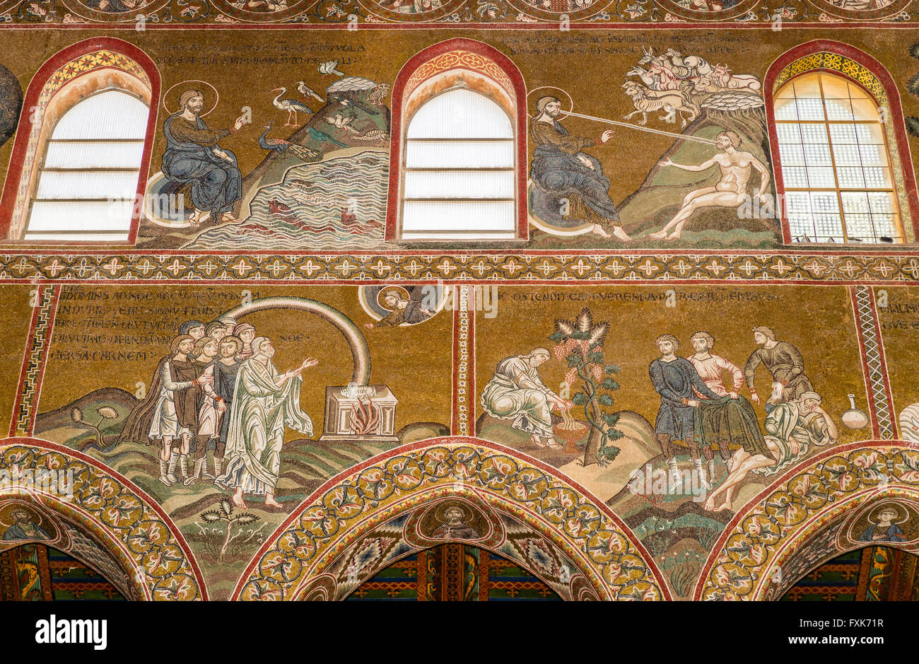 Byzantinische Mosaiken, erschafft Gott leben, Tiere und Menschen, unterhalb des Bundes Gottes mit der Menschheit, Trunkenheit Noahs, Monreale Stockfoto