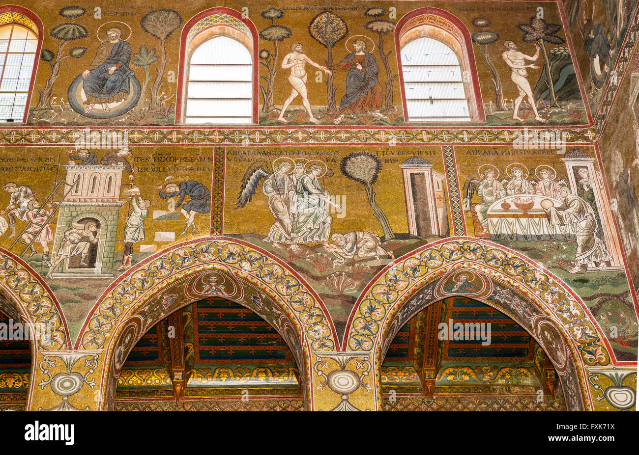 Byzantinische Mosaiken, Gott ruht, Gott führt Adam ins irdische Paradies, unter dem Turm zu Babel, Abraham erfüllt die drei Engel, Stockfoto