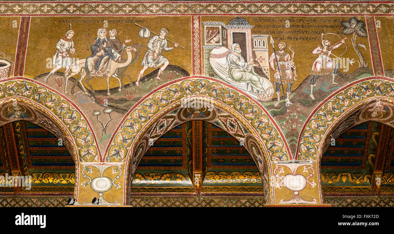 Byzantinische Mosaiken, Rebekka und Isaak und Esau Reisen, Nordwand über dem Mittelschiff, alten Testament Monreale Kathedrale oder Stockfoto