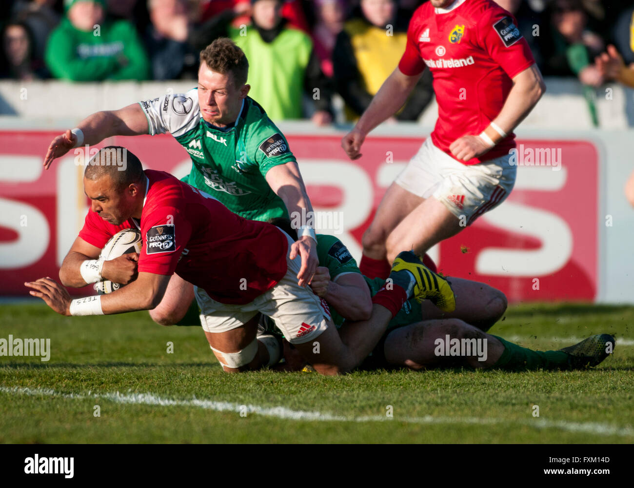 Galway, Irland. 16. April 2016. Simon Zebo von Münster erhält einen Versuch während der Guinness PRO12-Rugby-Spiel zwischen Connacht Rugby und Munster Rugby auf dem Sportplatz in Galway, Irland, 16. April 2016. Bildnachweis: Andrew Surma/Alamy Live-Nachrichten Stockfoto