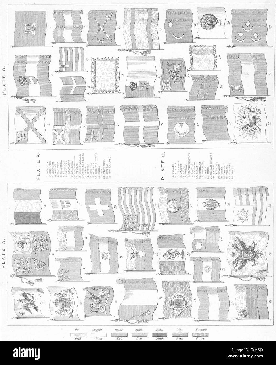 Heraldik: Flaggen aller Nationen, antiken Drucken c1849 Stockfoto