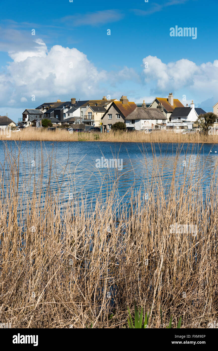 Ein Blick auf Häuser bei Torcross auf der South Devon Coast UK mit Slapton LeyNational Nature Reserve im Vordergrund Stockfoto