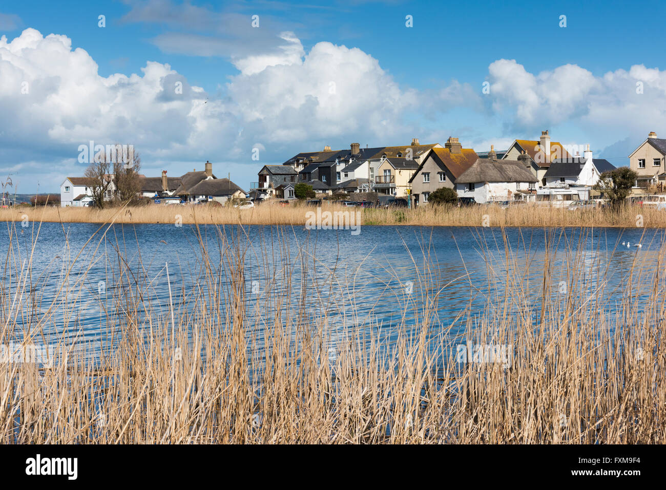 Ein Blick auf Häuser bei Torcross auf der South Devon Coast UK mit Slapton LeyNational Nature Reserve im Vordergrund Stockfoto