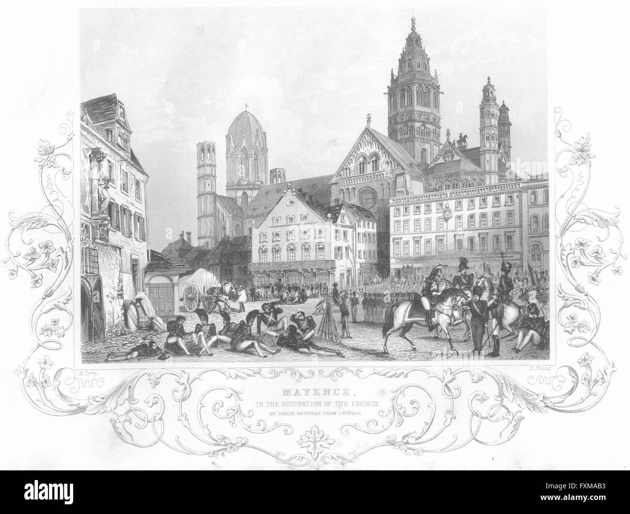 MAINZ: besetzten, Französisch, Rückzug aus Leipzig, antique print 1850 Stockfoto