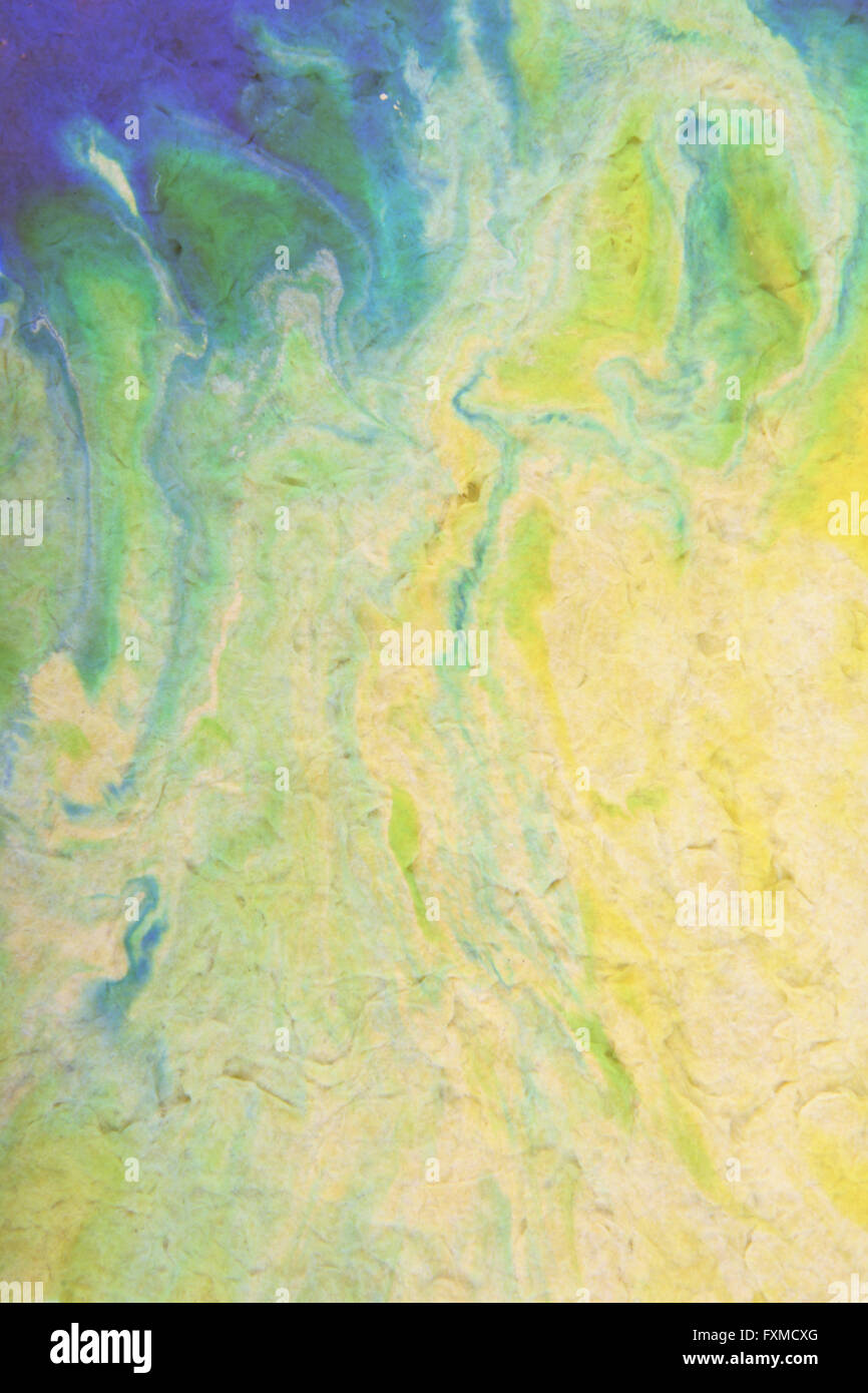 Altpapier: abstrakt strukturierten Hintergrund mit grünen, blauen und braunen Muster auf gelben Hintergrund. Für Kunst-Textur, Grunge-Design und Vintage-Papier / border Frame Stockfoto