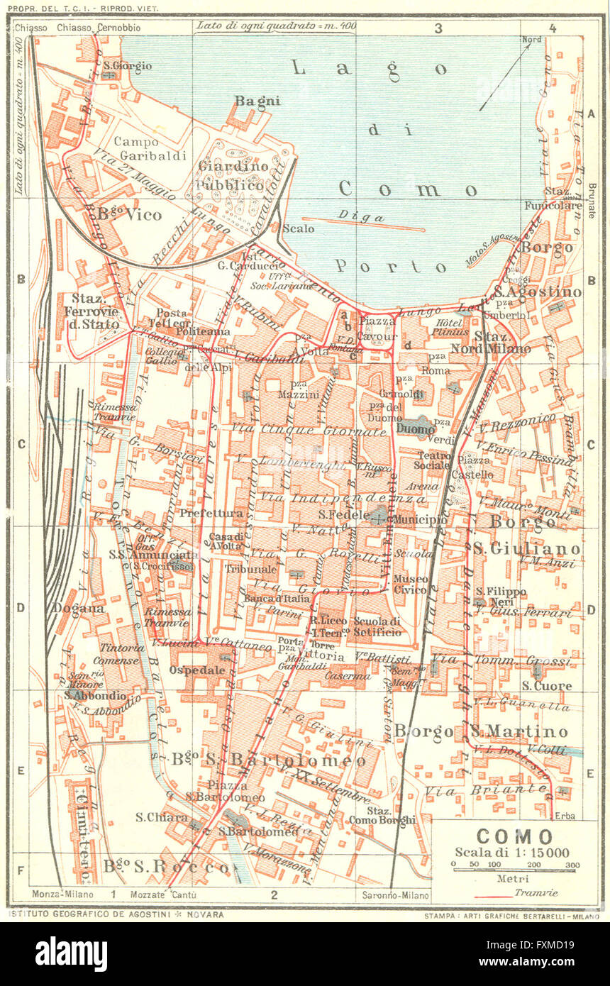 COMO. Karte Stadtplan Vintage Stadt. Italien, 1927 Stockfoto