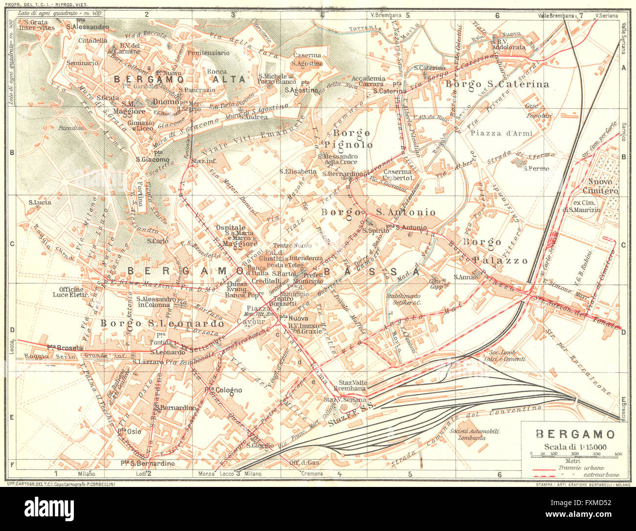 BERGAMO. Karte Stadtplan Vintage Stadt. Italien, 1927 Stockfotografie Alamy