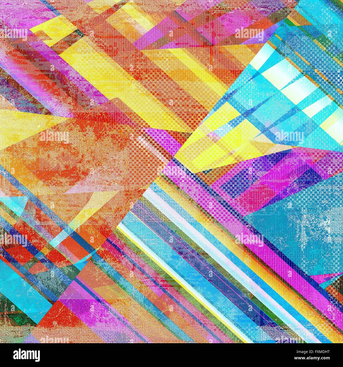 Geometrische Kunst Grunge Hintergrund oder Vintage-Stil Textur mit Retro-grafische Elemente und verschiedene Farbmuster: gelb (Beige); rot (Orange); Blau; Purple (violett); Rosa; weiß Stockfoto