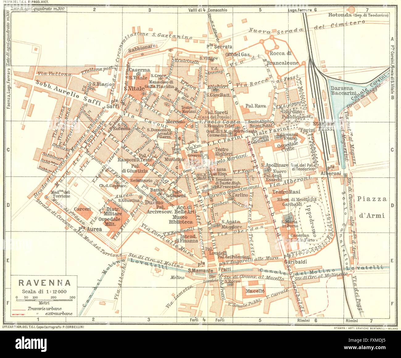 RAVENNA. Karte Stadtplan Vintage Stadt. Italien, 1927 Stockfotografie