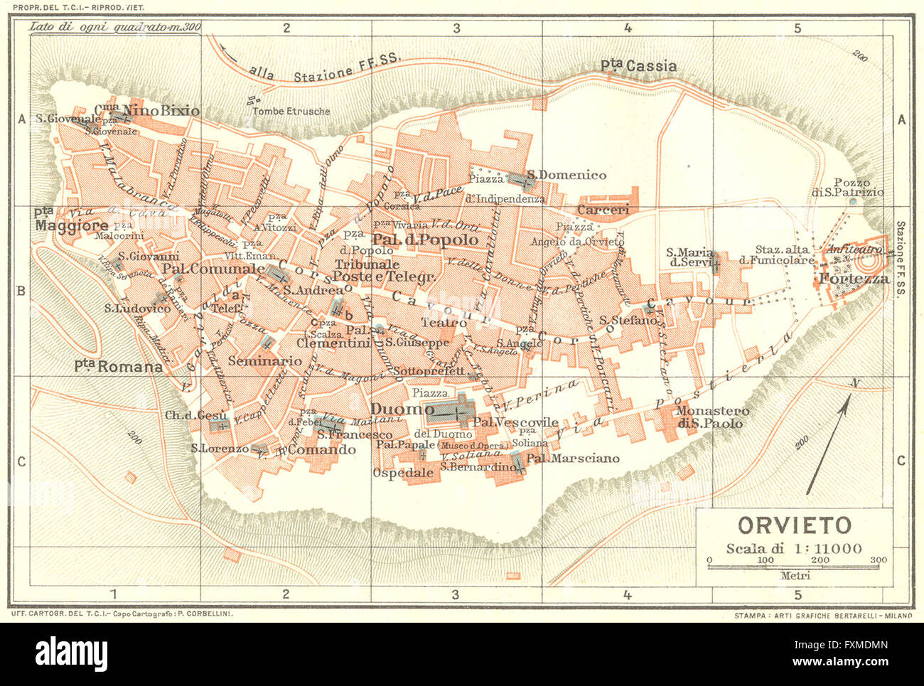 ORVIETO. Karte Stadtplan Vintage Stadt. Italien, 1927 Stockfotografie