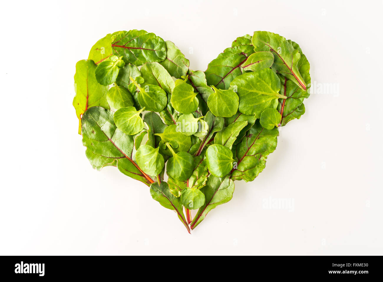 Herzform aus Salatblättern auf weißem Hintergrund gemacht Stockfoto