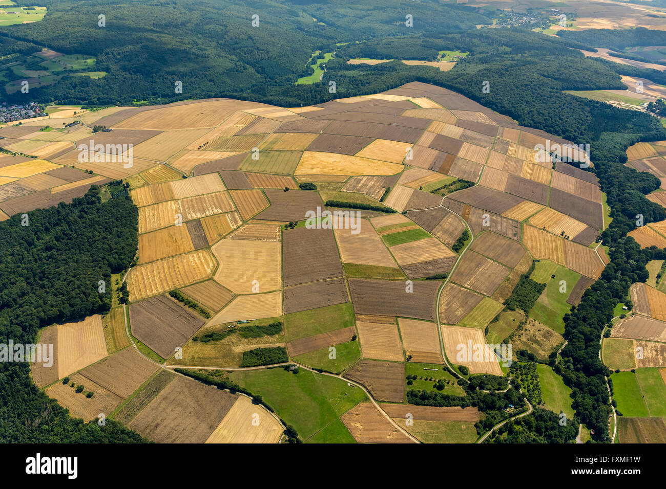 Luftbild, geerntete Felder, kleine Felder von Ländereien, Landwirtschaft, Aarbergen, Hessen, Deutschland, Europa, Luftaufnahme, Vögel-Augen Stockfoto