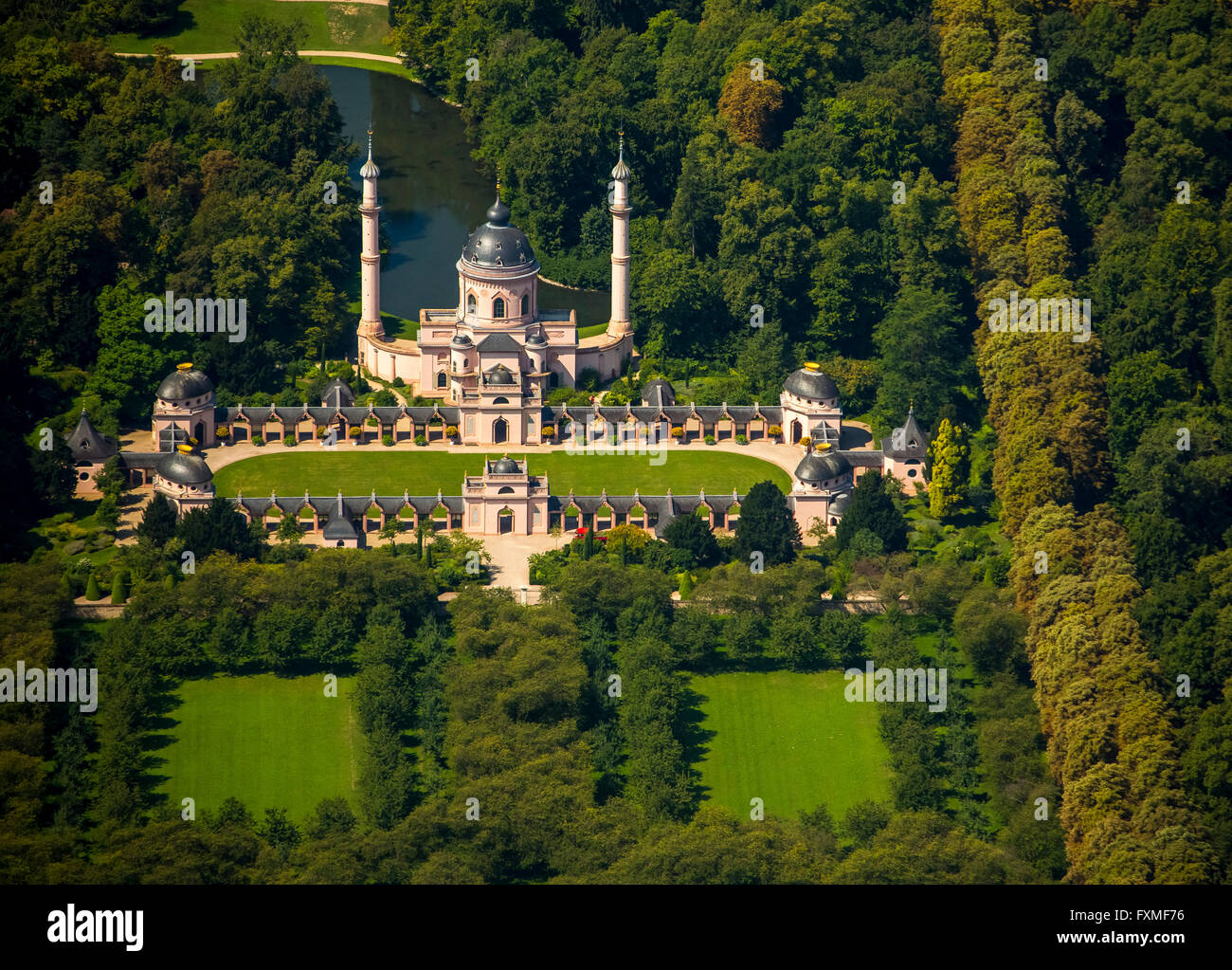 Luftaufnahme, rote Moschee im türkischen Garten, Schwetzingen Schloss mit Schlossgarten, Baden-Württemberg, Deutschland, Europa, Stockfoto