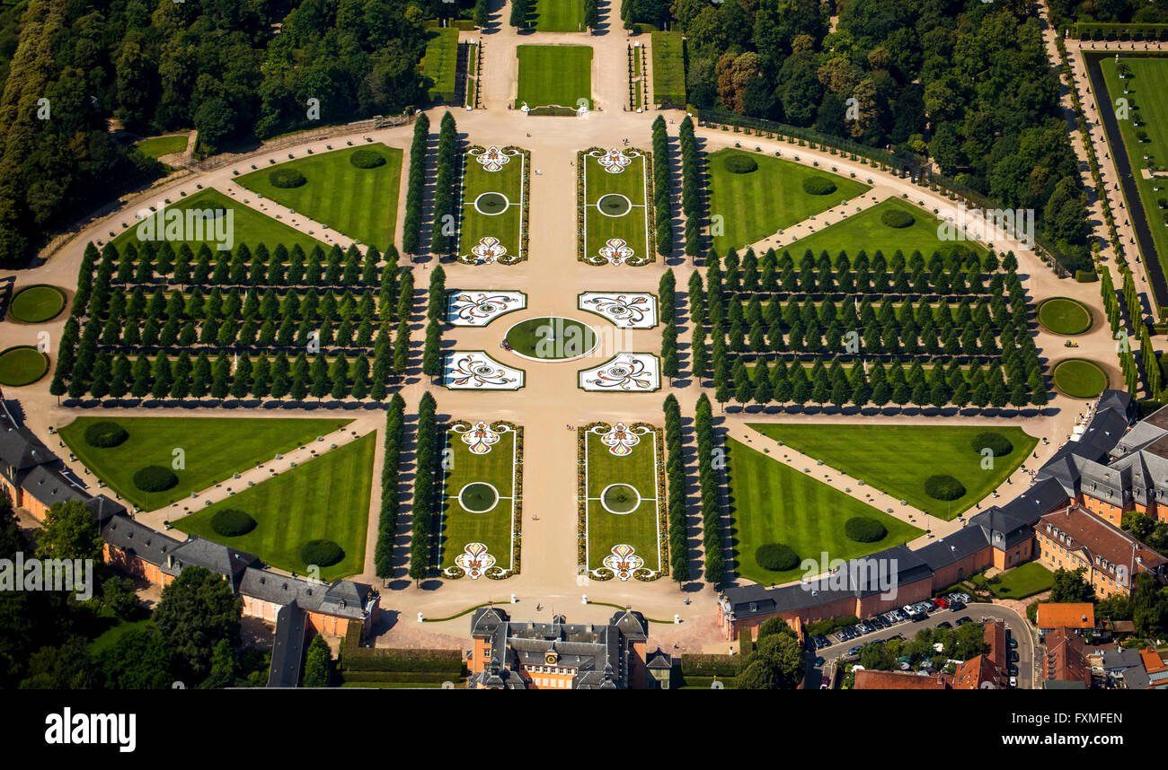 Luftbild, französischer Garten, Barockgarten mit längs- und Querbeschleunigung Achsen, Schwetzingen Schloss mit Schlossgarten, Stockfoto