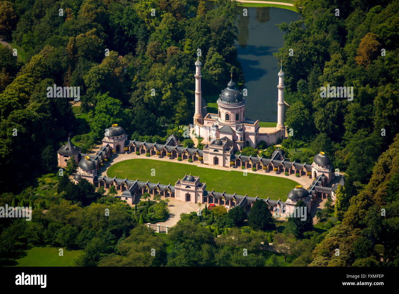Luftaufnahme, rote Moschee im türkischen Garten, Schwetzingen Schloss mit Schlossgarten, Baden-Württemberg, Deutschland, Europa, Stockfoto