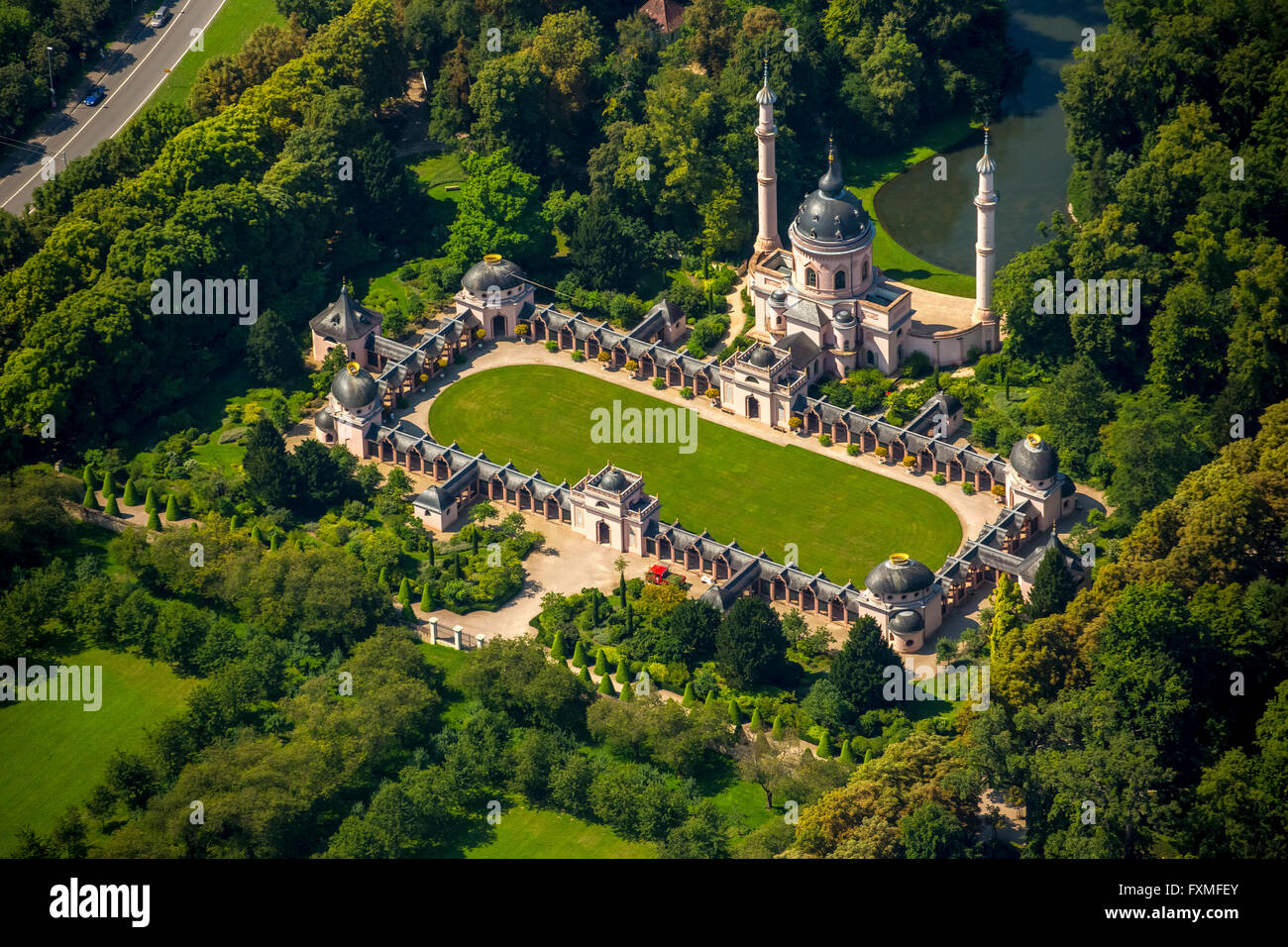 Luftaufnahme, rote Moschee im türkischen Garten, Schwetzingen Schloss mit Schlossgarten, Baden-Württemberg, Deutschland, Europa, Stockfoto