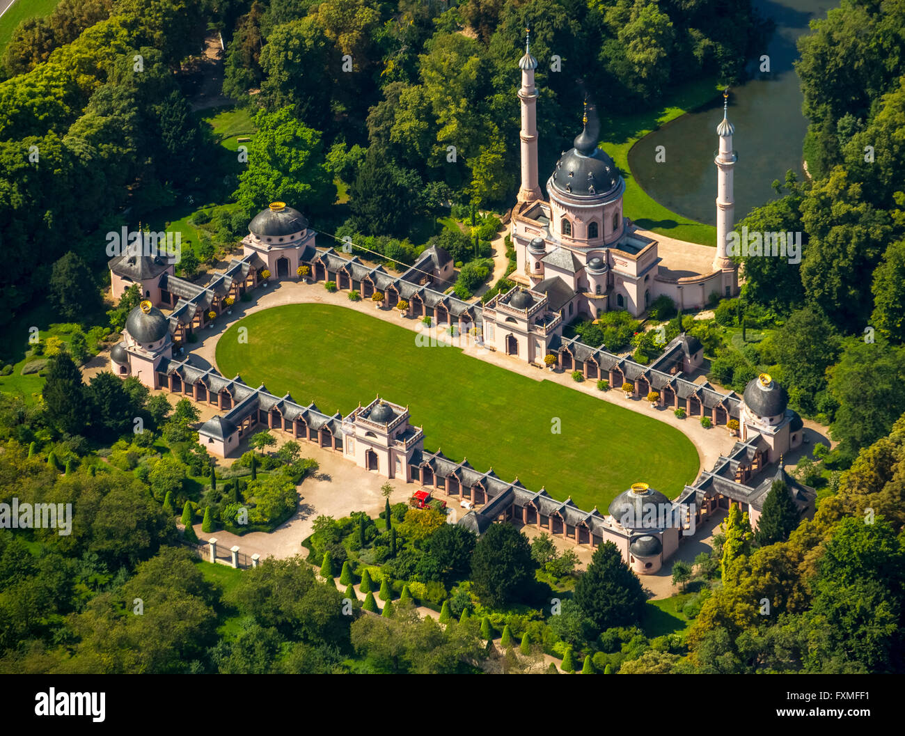 Luftaufnahme, rote Moschee im türkischen Garten, Schwetzingen Schloss mit Schlossgarten, Baden-Württemberg, Deutschland, Europa, Stockfoto