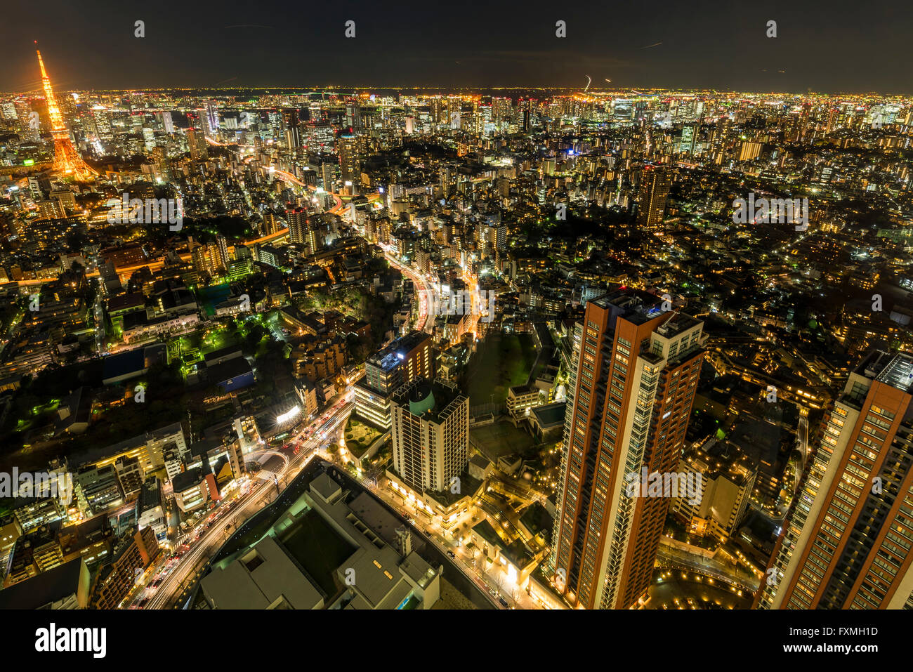 Tokyo Tower und Hochhäuser in der Nacht in Tokyo, Japan Stockfoto
