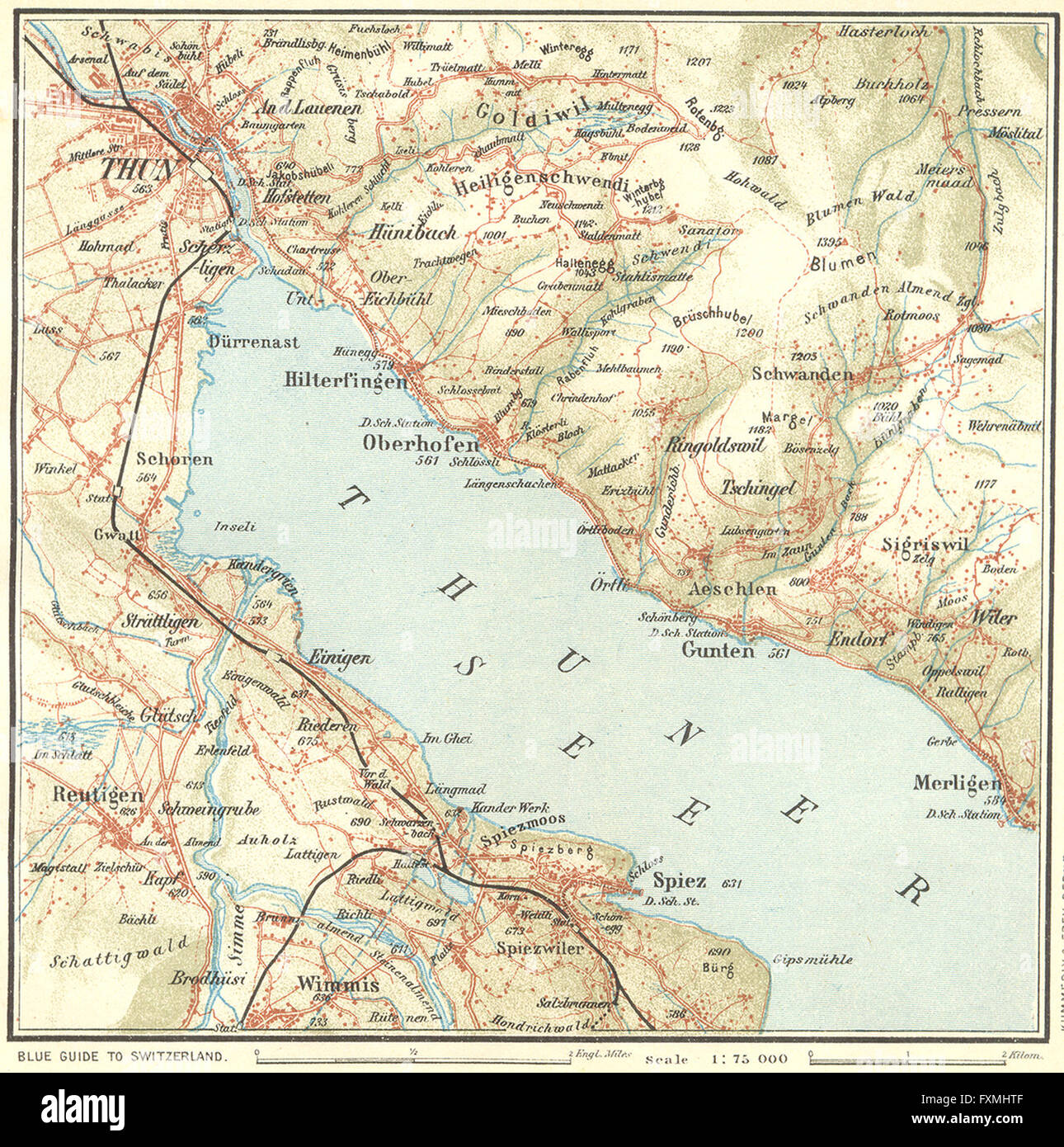 Schweiz: Umgebung von Thun, Jahrgang 1923 Karte Stockfoto