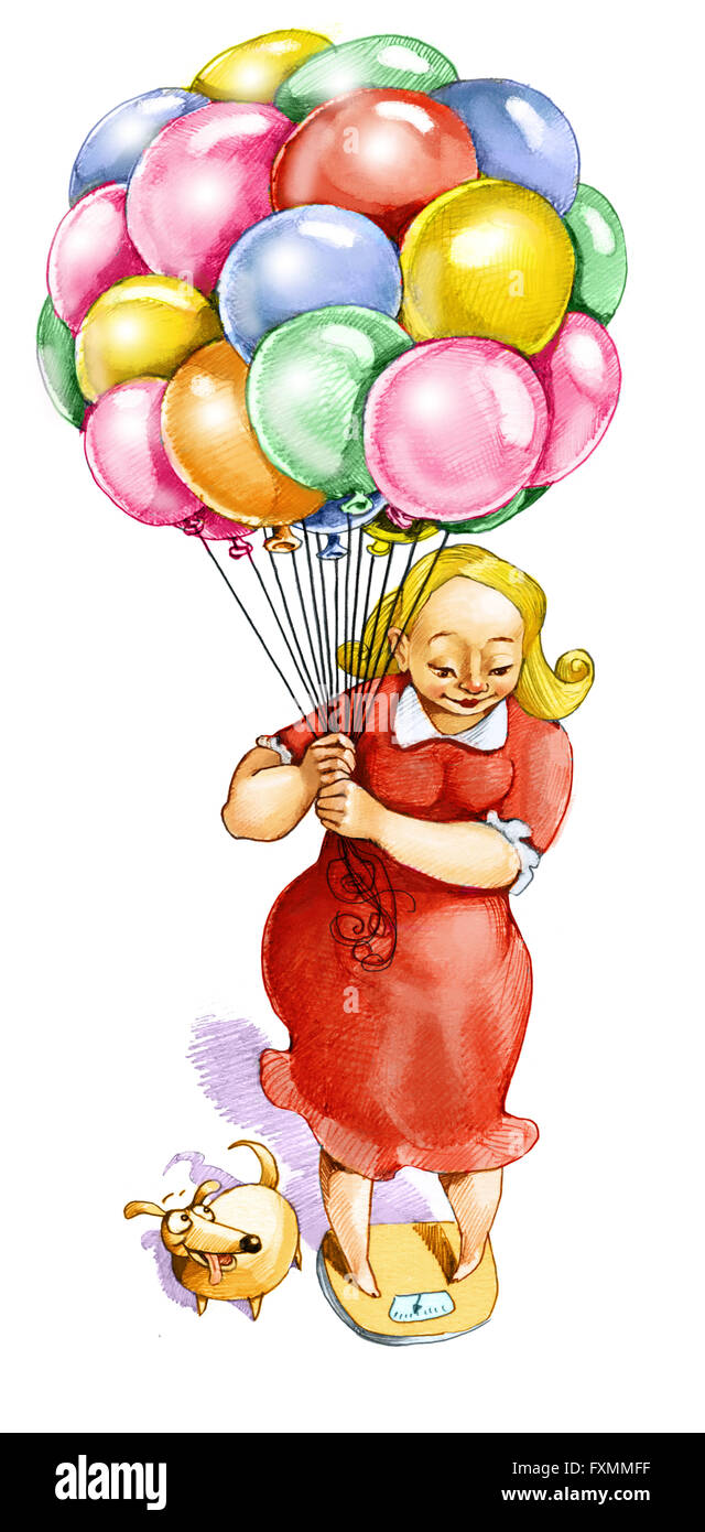 eine Frau, die wiegen sich auf einer Skala halten viele Ballons leichter klingen Stockfoto