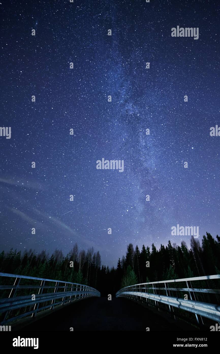 Ein nächtlicher Himmel voller Sterne und sichtbaren Milchstraße mit einer Brücke im Vordergrund. Weg zum dunklen Wald. Stockfoto