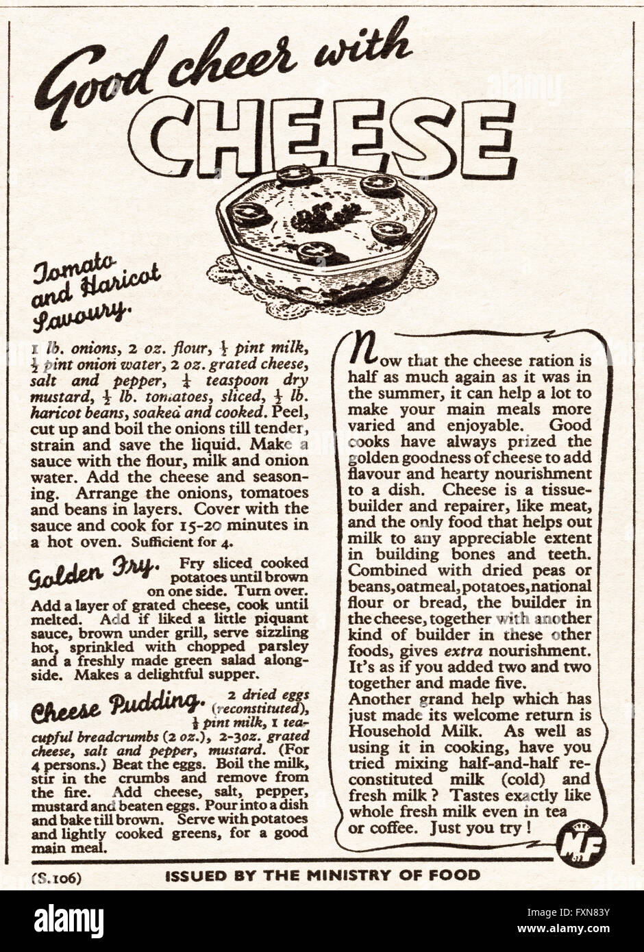 Original alte Oldtimer Magazin Anzeige aus der Zeit des 2. Weltkrieges. Während des Krieges Anzeige vom 1944 Werbung Rezepte für Käse, herausgegeben vom Ministerium für Ernährung Stockfoto