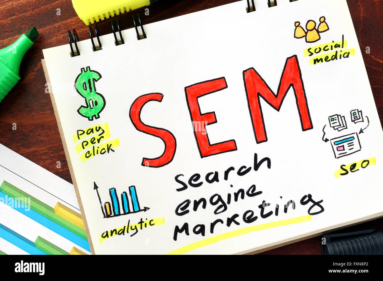 SEM in einem Notizbuch geschrieben. Business-Konzept. Stockfoto
