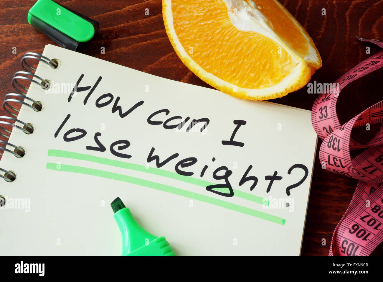 Notizblock mit Zeichen wie kann ich Gewicht verlieren. Stockfoto
