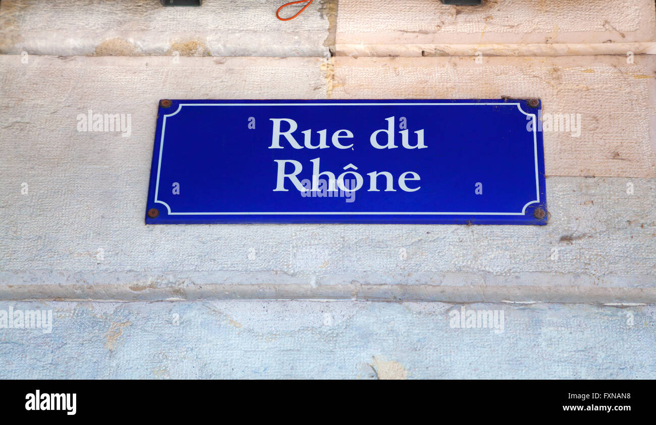 Rue du Rhône Straßenschild in Genf, Schweiz Stockfoto