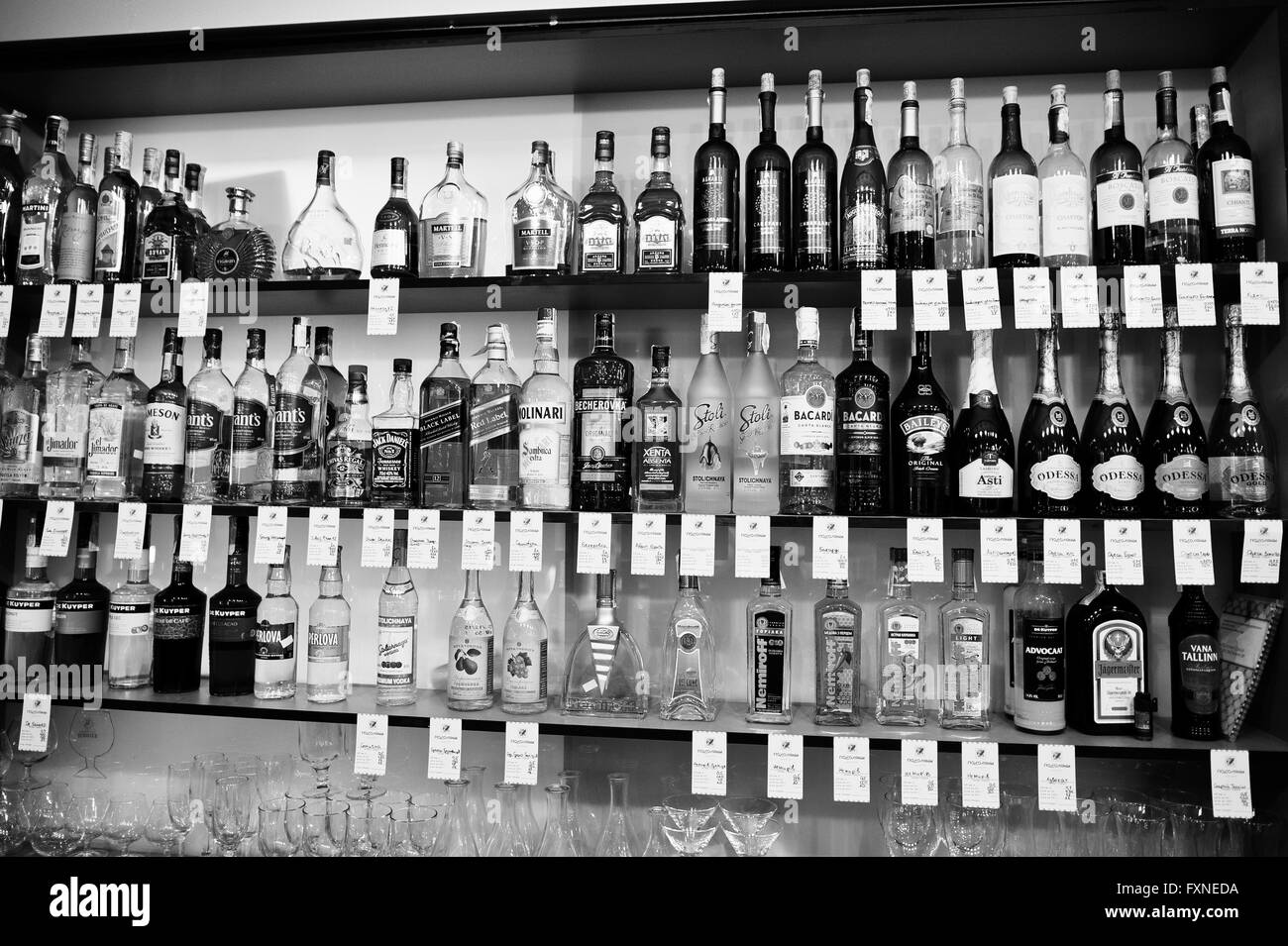 Kiew, UKRAINE - 25. März 2016: Diverse Flaschen alkoholische Getränke in der Bar auf dem Regal. Stockfoto
