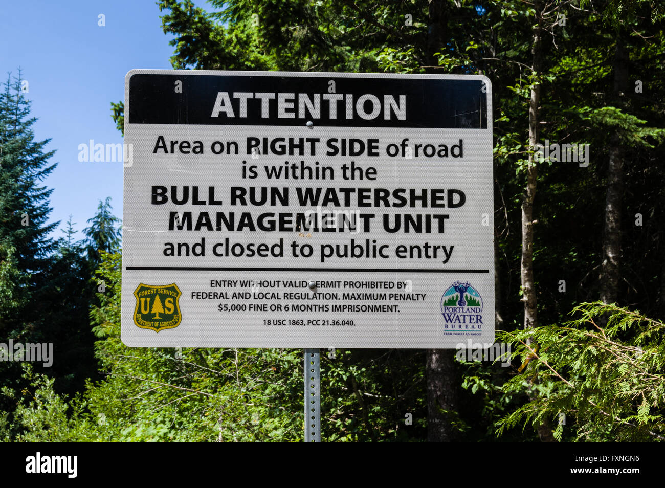 Am Bull Run Watershed Management Sign.  Mt. Hood National Forest, Oregon Stockfoto