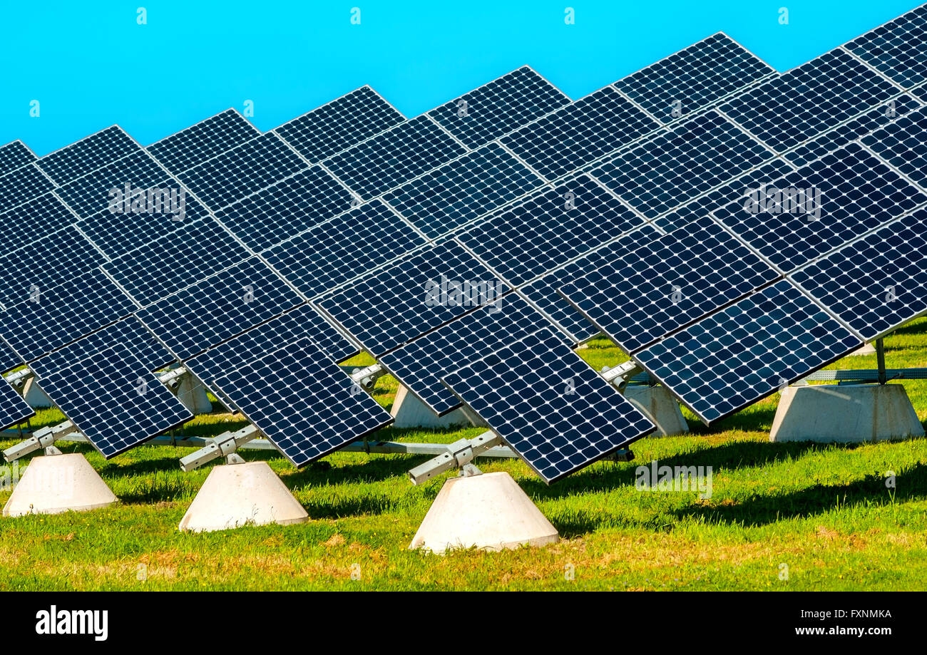 Solar-Panels platziert auf einer Wiese Landschaft Apuliens Stockfoto