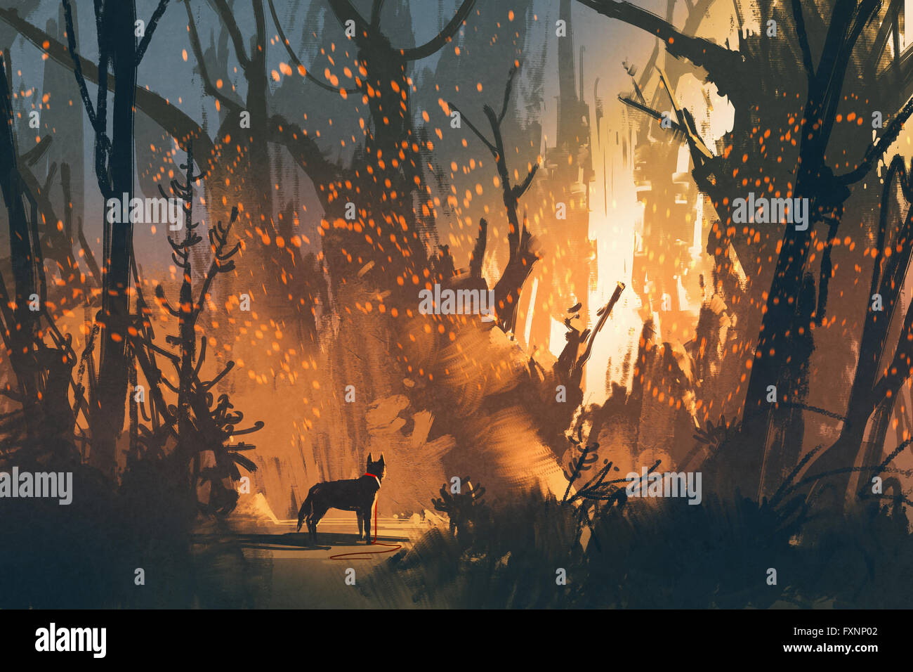 verlorenen Hund im Wald mit mystischen Licht, Illustration Malerei Stockfoto