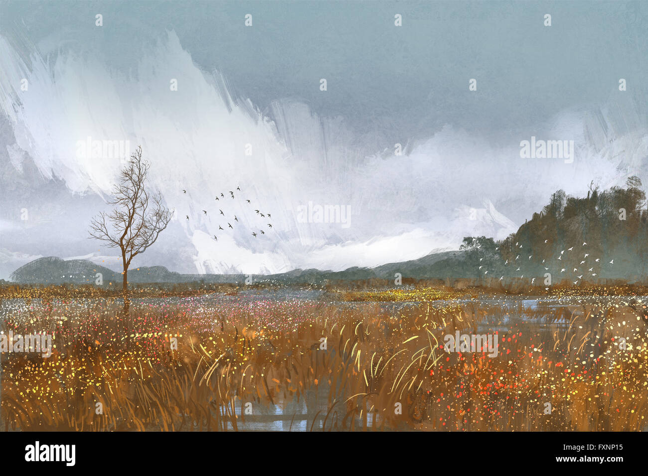 Gemälde Landschaft mit Feldern und Wiesen, Regenwetter, traurige Stimmung Stockfoto
