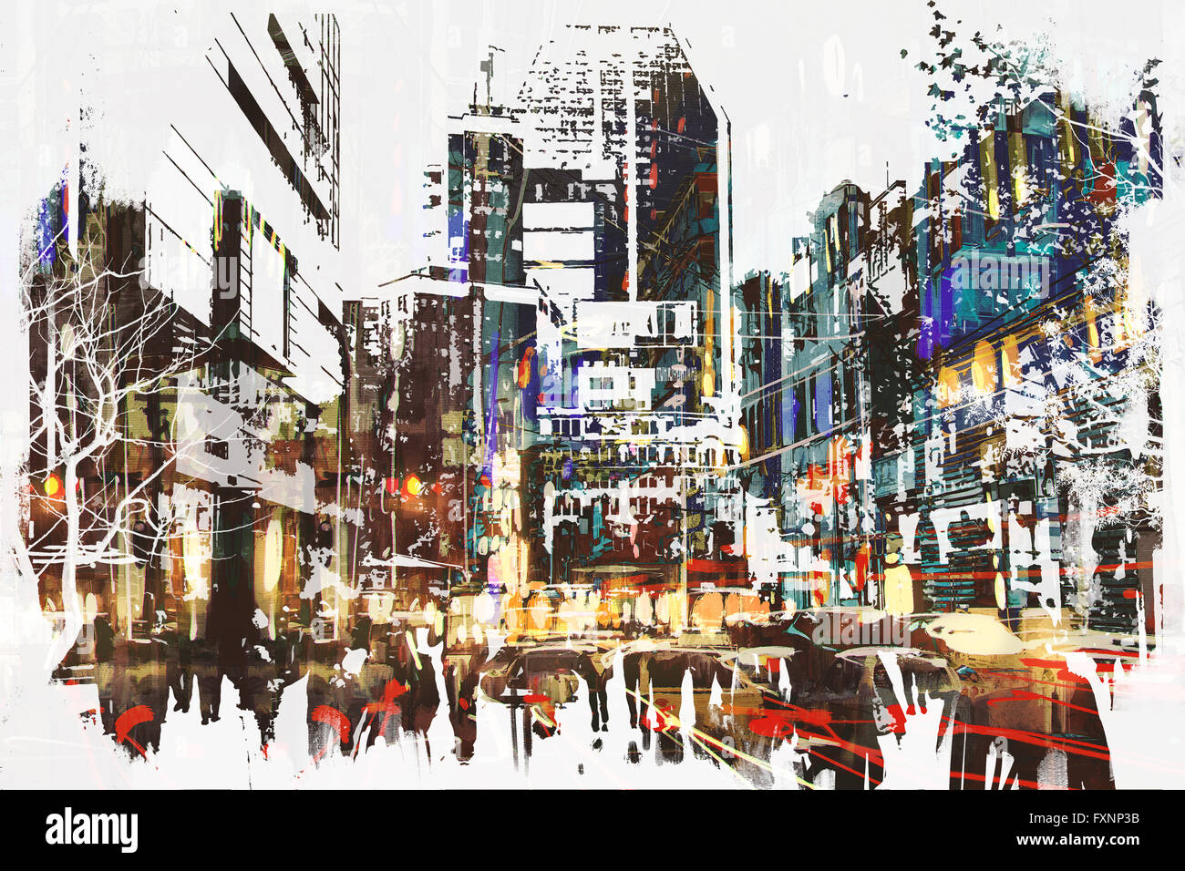 Menschen zu Fuß in die Stadt mit der abstrakten Grunge Malerei, Illustrationskunst Stockfoto