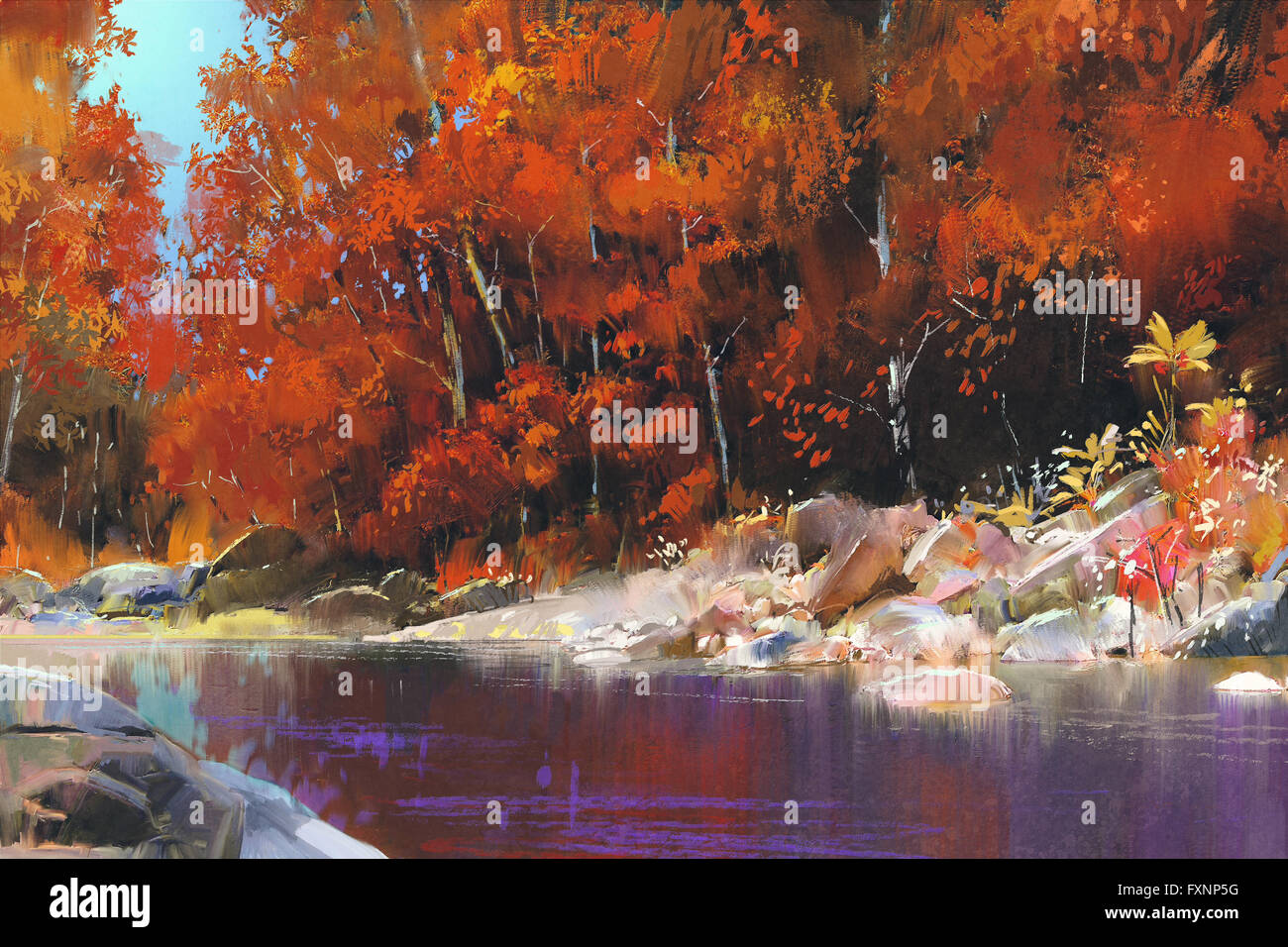 Fluss in den herbstlichen Wald, Landschaftsmalerei Stockfoto