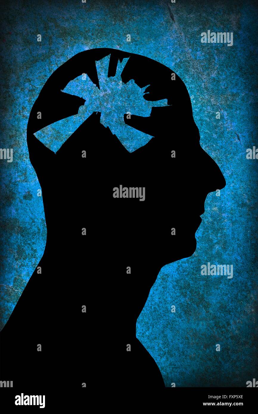 Silhouette der Kopf mit Fragen der psychischen Gesundheit, Computer-Grafik. Stockfoto