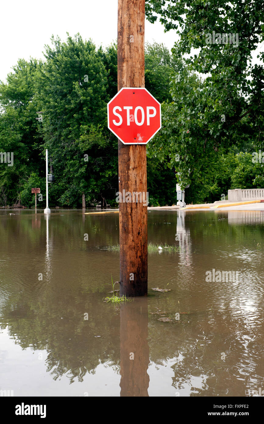 Stop-Schild auf überfluteten Straße Stockfoto