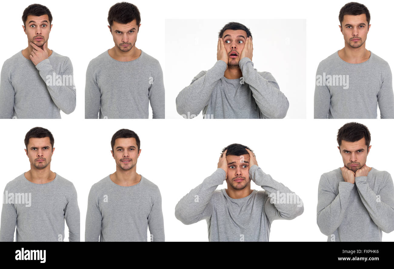 Portraits mit verschiedenen Emotionen eines jungen Mannes. Stockfoto