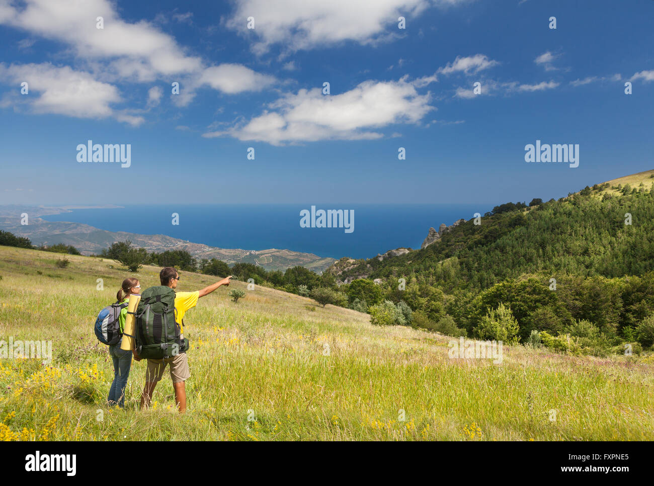 Paar mit Rucksäcken auf grüner Wiese Stockfoto